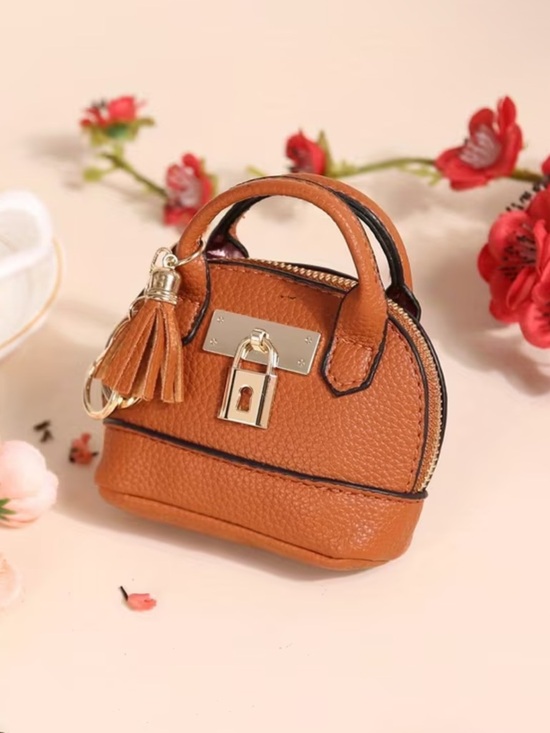Handbags - Women's Mini Handbag with Tassel bag Charm - keychain Tan